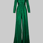 High Waisted Three-Quarter Sleeves Shiny Solid Color Deep V-Neck Jumpsuits Bottoms