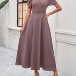 A-Line High Waisted Pleated Solid Color Zipper V-Neck Maxi Dresses