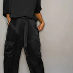 Satin Gloss Drawstring Waist-Defining Wide-Leg Workwear Set