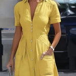 High Waisted Short Sleeves Buttoned Pleated Pockets Solid Color Split-Joint Lapel Maxi Dresses