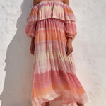 Boho Sunrise Ombre Off-Shoulder Flowing Chiffon Maxi Dress