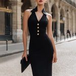 Halter Neck Button-Front Midi Dress