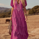 V-neck Button-down Faux Suede Short-sleeved Maxi Dress