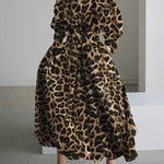 High Waisted Long Sleeves Buttoned Leopard Lapel Maxi Dresses