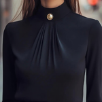 Long Sleeves Buttoned Pleated Solid Color Zipper Mock Neck Blouses&shirts Tops