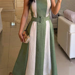 Parson Linen Blend Color Block Belted Back Smocked Maxi Dress