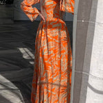 A-Line High Waisted Flower Print Pleated Zipper Mock Neck Maxi Dresses