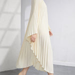 Urban Flared Batwing Sleeves Pleated Solid Color Round-Neck Midi Dresses