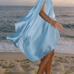 Luisa Satin Floral Print Pleated High-neck Batwing Cutout Sleeve Loose Cape Mini Dress