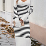 Long Sleeves Loose Contrast Color Striped V-Neck Midi Dresses Sweater Dresses