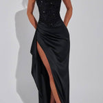 Amazing Dream Sequin Satin Patchwork Off Shoulder Ruffles Drape Slit Maxi Dress