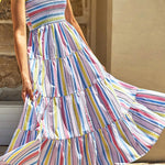 Multicolour Striped Print Smocked Lace Up Maxi Dress