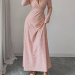 High Waisted Long Sleeves Pleated Solid Color Deep V-Neck Maxi Dresses