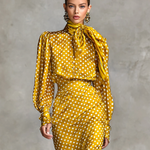 Women's Vintage Satin Polka Dot Print Shirt And Skirt Two-Piece Set (Not including scarf)