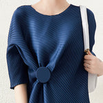 Stylish Irregularity Loose Pleated Solid Color Round-Neck Midi Dresses