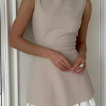 Sleeveless Pleated Solid Color Split-Joint Tiered Round-neck Mini Dresses