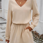 A-Line High Waisted Elasticity Pleated Solid Color V-Neck Mini Dresses