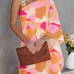 Batwing Sleeves Loose Color-Block Hollow Printed One-shoulder Mini Dresses Short Dresses