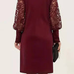 Round neck lace lantern sleeve midi dress