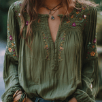 Bohe Floral Embroidered Cotton Olive Green Shirt