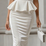 Lustrous Ivory Sleeveless Midi Dress With Peplum Detail