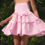 A-Line High Waisted Backless Layered Pleated Solid Color Spaghetti-Neck Mini Dresses