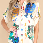 Sun Tribe Satin Unique Print Button Down Oversized Blouse