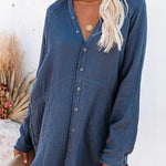 Loose Mid-length Jacket Casual Solid Color Shirt Mini Dress
