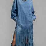 Ursime Daily Blue High Collar Lantern Sleeve Long Sleeve Strappy Western Pocket Denim Midi Dresses [Pre-Order]