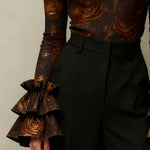 Flared Sleeves Long Sleeves Flower Print High Neck Blouses&Shirts Tops