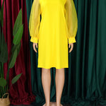 Puff Sleeves Beads Mesh Solid Color Split-Joint Round-neck Midi Dresses