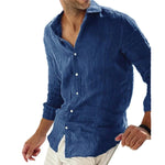 Men's Casual Solid Color Cotton Linen Lapel Collar Breathable Long Sleeve Shirt