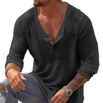 Men's Casual Breathable Cotton Linen U Neck Long-Sleeved T-Shirt