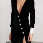 Long Sleeves Skinny Asymmetric Buttoned Shoulder Pad Split-Front Deep V-Neck Maxi Dresses