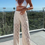 Holiday Crochet Flowers Lace Short Sleeve Shirt and Elastic Waist Wide Leg Pants Set