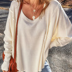 White Waffle Knit Exposed Seam Round Neck Oversized Top