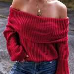 Racing Red Off Shoulder Ribbed Knit Sweater