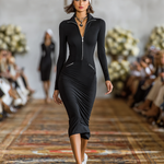 Women's Sports Cotton Blend Skinny Zipper Lapel Midi Dress
