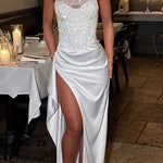 Amazing Dream Sequin Satin Patchwork Off Shoulder Ruffles Drape Slit Maxi Dress