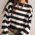 Striped Print Crew Neck Long Sleeve Loose Knitted Sweater