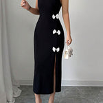 Bodycon High Waisted Bowknot Split-Side Round-Neck Midi Dresses