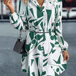 Loose Puff Sleeves Printed Split-Joint Lapel Mini Dresses Shirt Dress