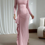 Bodycon High Waisted Asymmetric Pleated Ruffled Solid Color Split-Joint Round-Neck Maxi Dresses