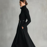 Women's Black Elegant Wool - Blend Turtleneck Belted Maxi Coat