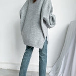 Stretch Mohair-Blend Balloon Sleeves Loose Solid Round-Neck Sweater Tops
