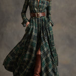 Retro Ethnic Style Lapel Reddish Brown Plaid Maxi Dress
