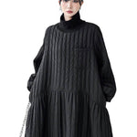 A-Line Long Sleeves Embossed Pockets Quilted Solid Color Split-Joint High Neck Midi Dresses Sweater Dresses