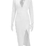 Bodycon Elasticated Waist Pleated Solid Color Split-Joint Split-Side Deep V-Neck Midi Dresses