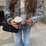 Sequined textured baseball collar short jacket