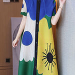 A-Line Loose Buttoned Flower Print Pleated Round-Neck Midi Dresses